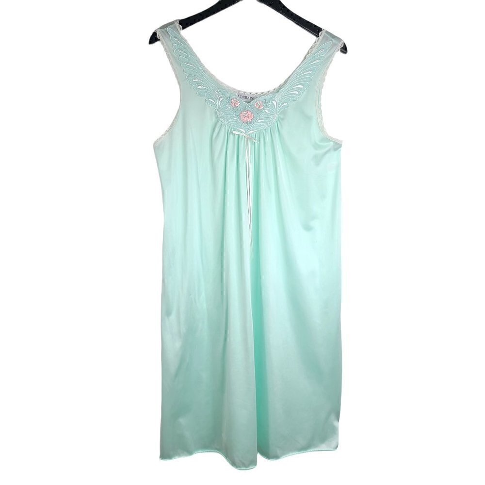 Vintage 80s Lorraine Silky Mint Green Floral Lace V Neck Slip Dress Nightgown